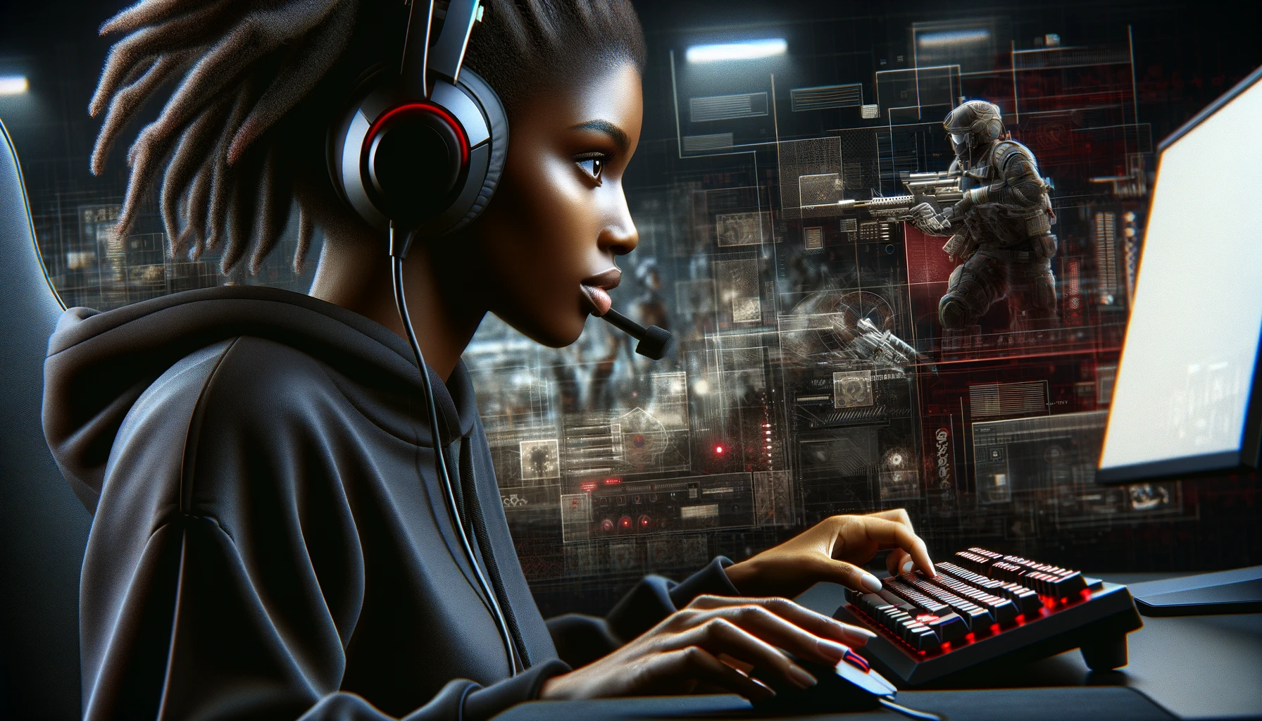 A woman gamer with a headset 